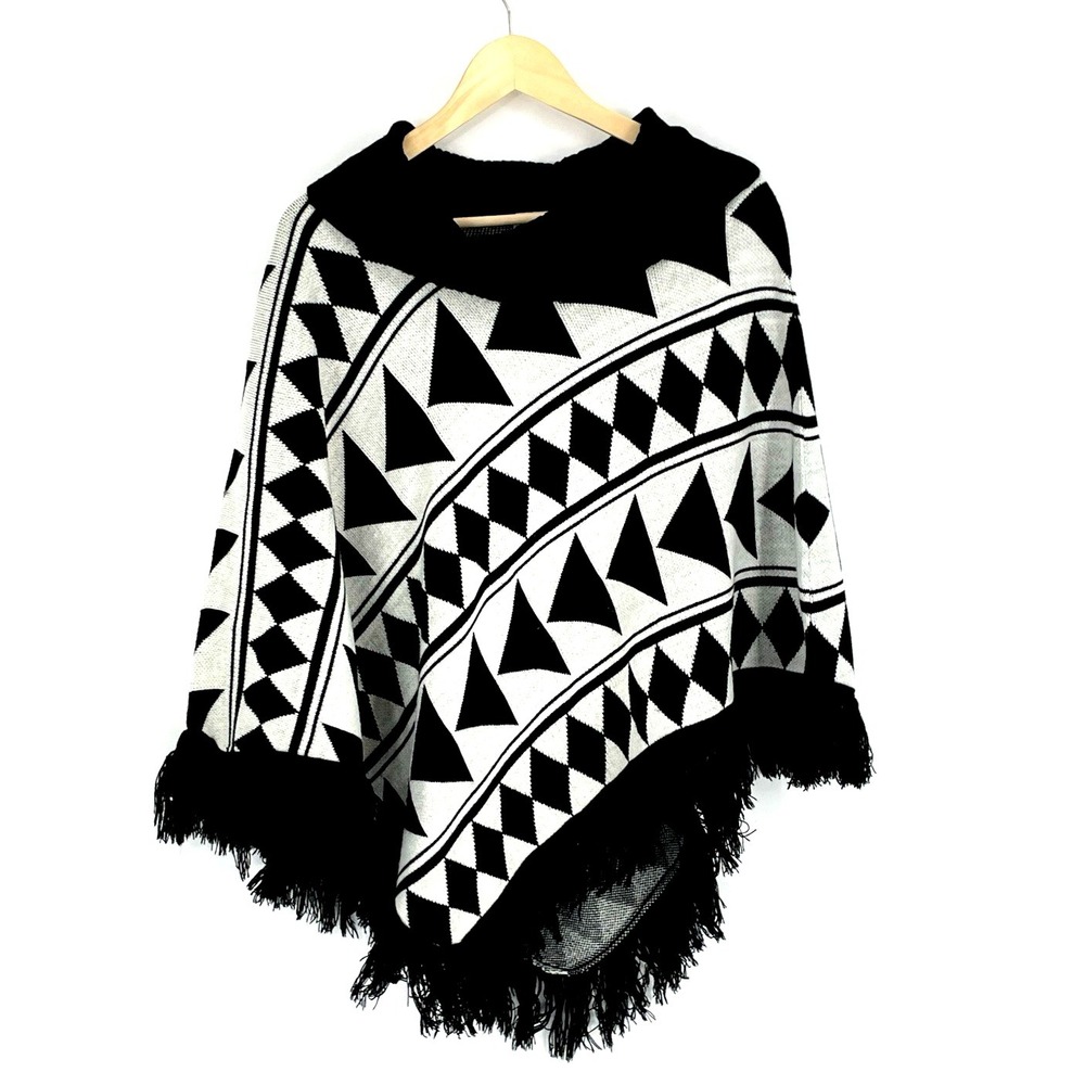 Alfred Dunner Womens L/XL Cowl Neck Cape Shawl Wrap Black White Diamond Fringe‎